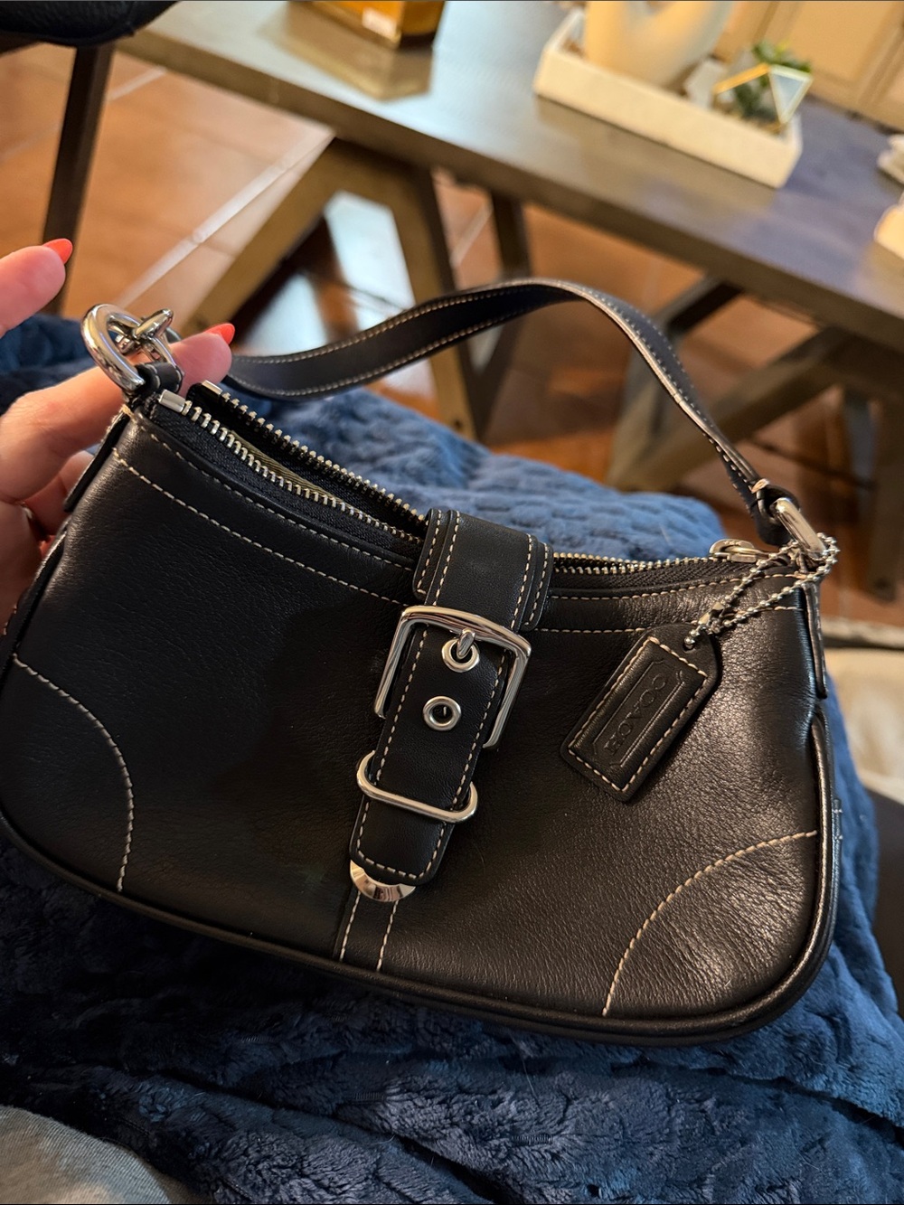 Coach Black Leather Mini Shoulder Bag with Buckle Accent